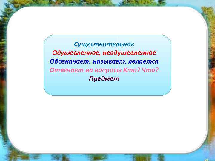 Существительное Одушевленное, неодушевленное Обозначает, называет, является Отвечает на вопросы Кто? Что? Предмет 