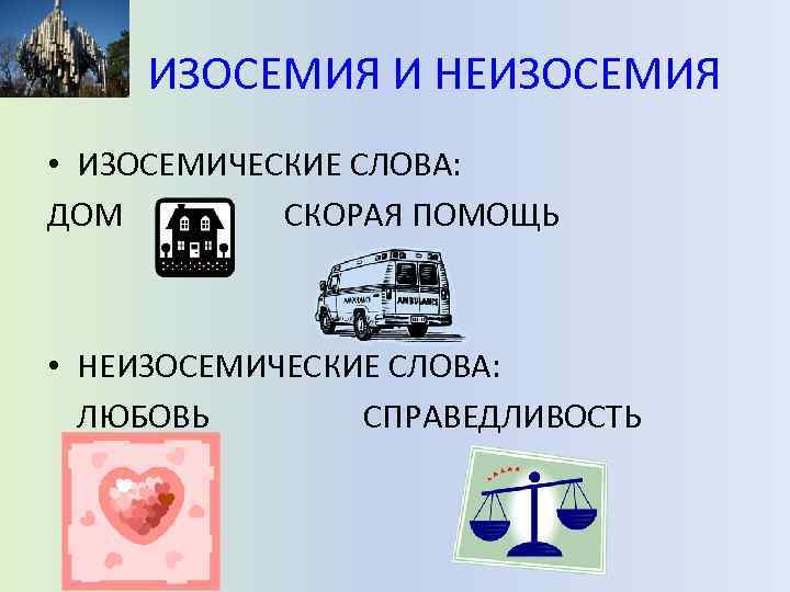 ИЗОСЕМИЯ И НЕИЗОСЕМИЯ • ИЗОСЕМИЧЕСКИЕ СЛОВА: ДОМ СКОРАЯ ПОМОЩЬ • НЕИЗОСЕМИЧЕСКИЕ СЛОВА: ЛЮБОВЬ СПРАВЕДЛИВОСТЬ
