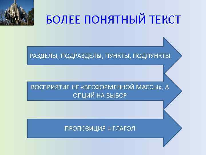 БОЛЕЕ ПОНЯТНЫЙ ТЕКСТ РАЗДЕЛЫ, ПОДРАЗДЕЛЫ, ПУНКТЫ, ПОДПУНКТЫ ВОСПРИЯТИЕ НЕ «БЕСФОРМЕННОЙ МАССЫ» , А ОПЦИЙ