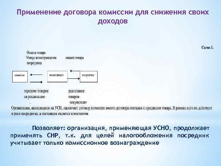 Применение договора комиссии для снижения своих доходов Позволяет: организация, применяющая УСНО, продолжает применять СНР,