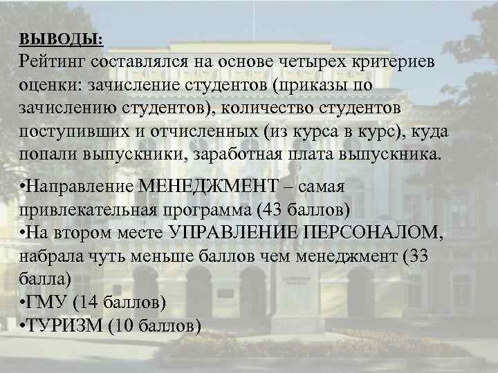 ВЫВОДЫ: Рейтинг составлялся на основе четырех критериев оценки: зачисление студентов (приказы по зачислению студентов),