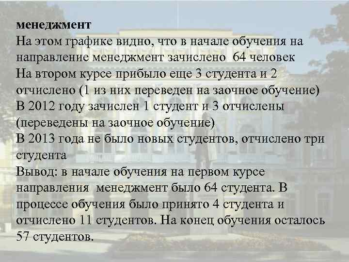 менеджмент На этом графике видно, что в начале обучения на направление менеджмент зачислено 64