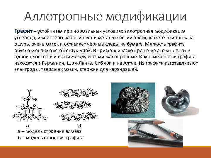 Аллотропные модификации Графит – устойчивая при нормальных условиях аллотропная модификация углерода, имеет серо-черный цвет