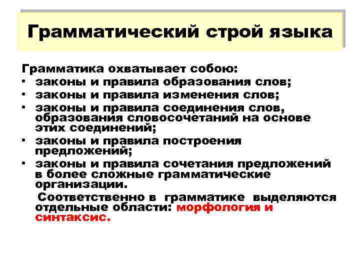 Грамматический строй языка Грамматика охватывает собою: • законы и правила образования слов; • законы