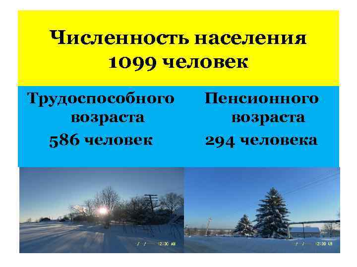 Численность населения 1099 человек Трудоспособного возраста 586 человек Пенсионного возраста 294 человека 