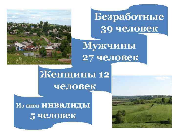 Безработные 39 человек Мужчины 27 человек Женщины 12 человек Из них: инвалиды 5 человек