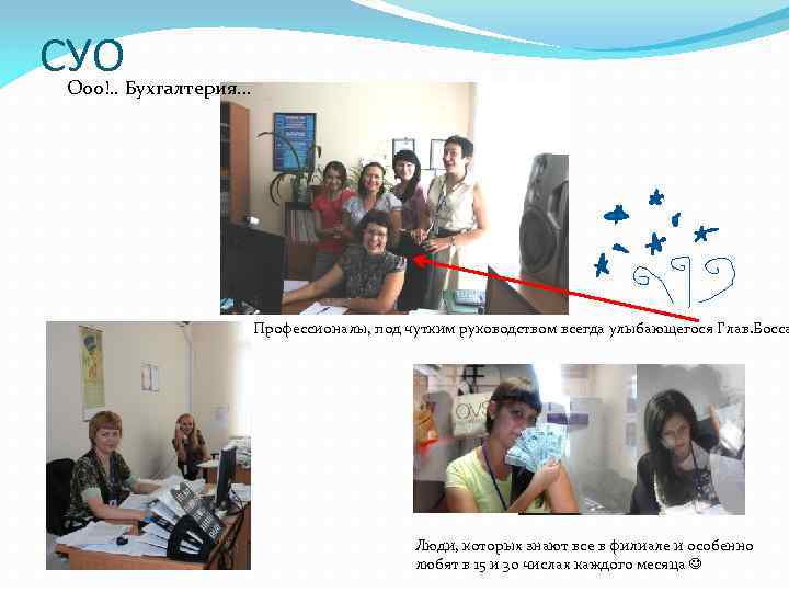 СУО Ооо!. . Бухгалтерия… Профессионалы, под чутким руководством всегда улыбающегося Глав. Босса Люди, которых