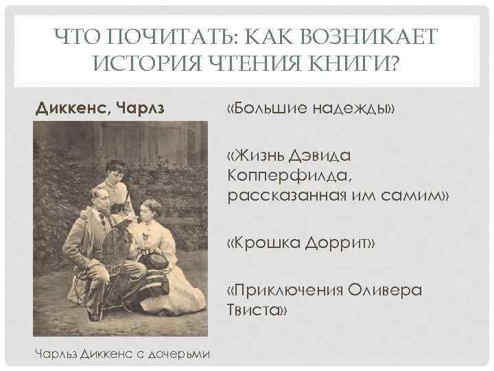 ЧТО ПОЧИТАТЬ: КАК ВОЗНИКАЕТ ИСТОРИЯ ЧТЕНИЯ КНИГИ? Диккенс, Чарлз «Большие надежды» «Жизнь Дэвида Копперфилда,