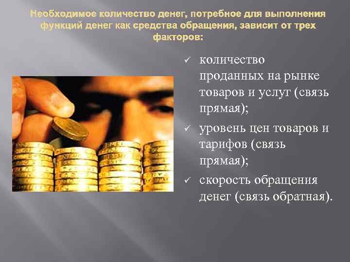 Необходимое количество денег, потребное для выполнения функций денег как средства обращения, зависит от трех