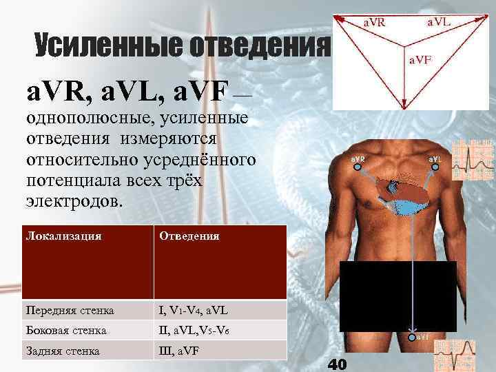 Усиленные отведения a. VR, a. VL, a. VF — однополюсные, усиленные отведения измеряются относительно