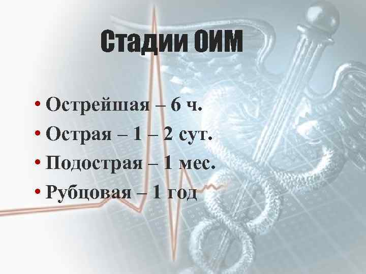 Стадии ОИМ • Острейшая – 6 ч. • Острая – 1 – 2 сут.