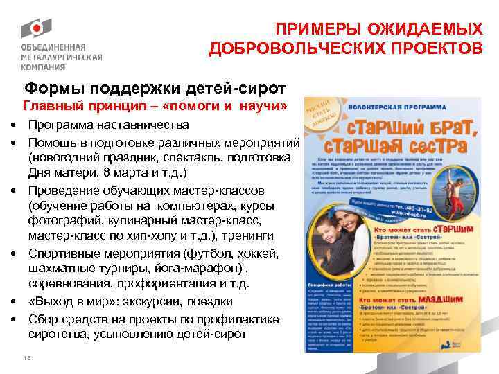 ПРИМЕРЫ ОЖИДАЕМЫХ ДОБРОВОЛЬЧЕСКИХ ПРОЕКТОВ Формы поддержки детей-сирот Главный принцип – «помоги и научи» •