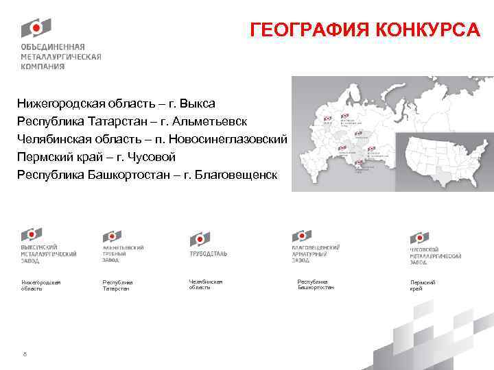 ГЕОГРАФИЯ КОНКУРСА Нижегородская область – г. Выкса Республика Татарстан – г. Альметьевск Челябинская область