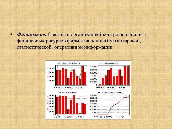  • Финансовая. Связана с организацией контроля и анализа финансовых ресурсов фирмы на основе