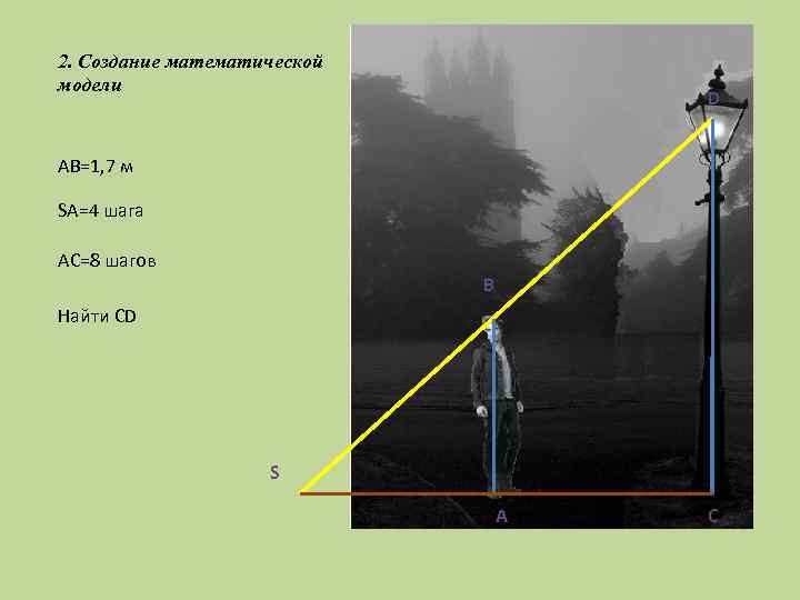 2. Создание математической модели D AB=1, 7 м SA=4 шага AC=8 шагов B Найти