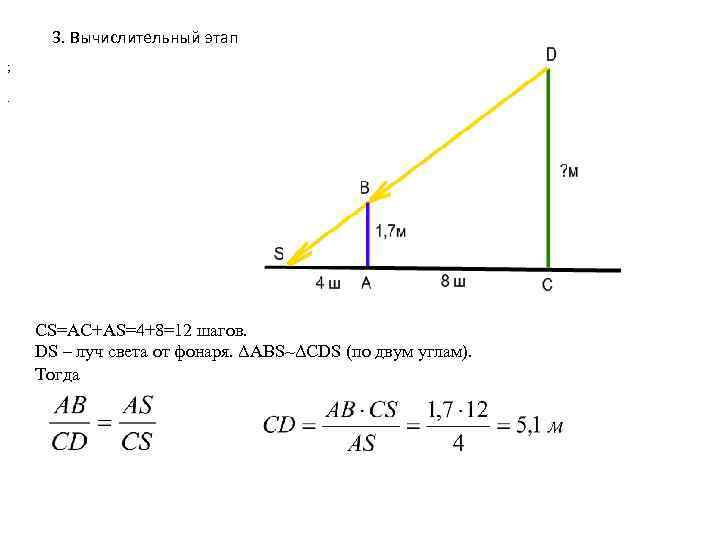 3. Вычислительный этап ; . CS=AC+AS=4+8=12 шагов. DS – луч света от фонаря. ΔABS~ΔCDS