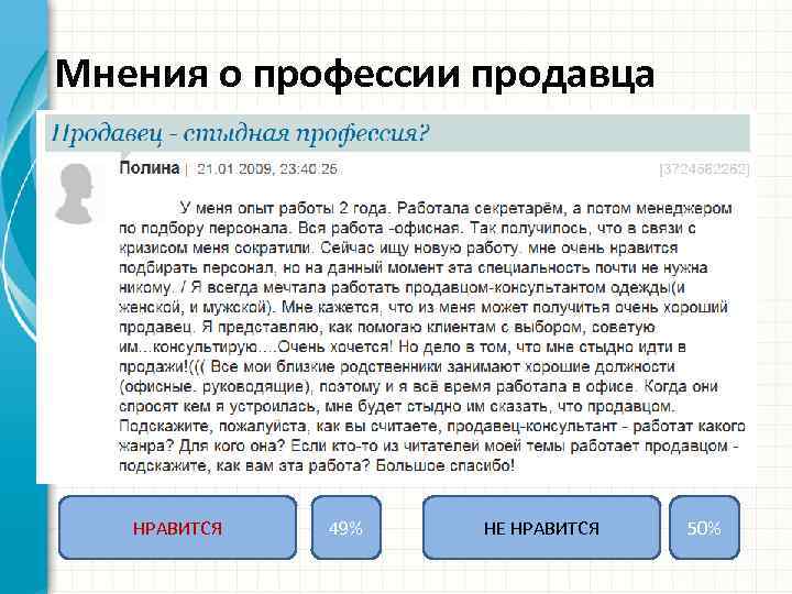 Мнения о профессии продавца НРАВИТСЯ 49% НЕ НРАВИТСЯ 50% 