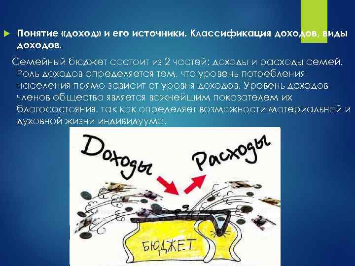  Понятие «доход» и его источники. Классификация доходов, виды доходов. Семейный бюджет состоит из