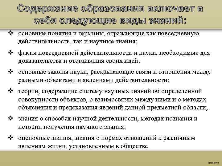 Содержание образования включает в себя следующие виды знаний: v основные понятия и термины, отражающие