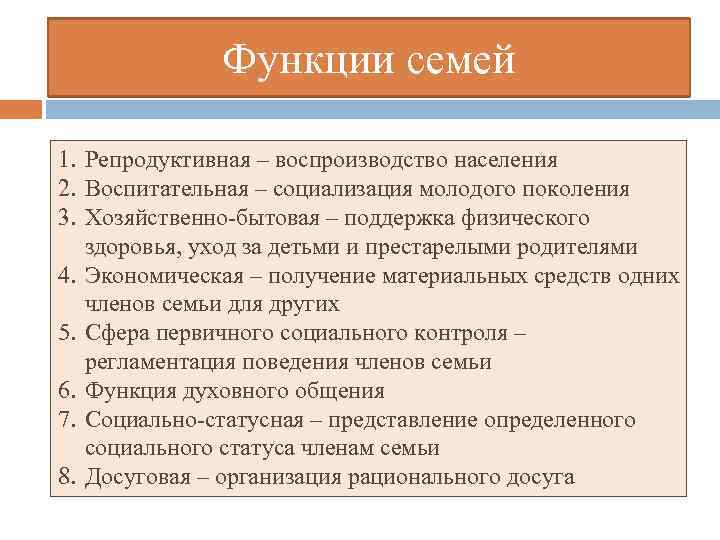 Функции семей 1. Репродуктивная – воспроизводство населения 2. Воспитательная – социализация молодого поколения 3.