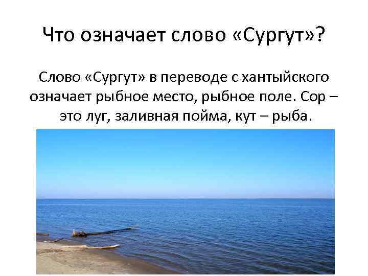 Что означает слово «Сургут» ? Слово «Сургут» в переводе с хантыйского означает рыбное место,