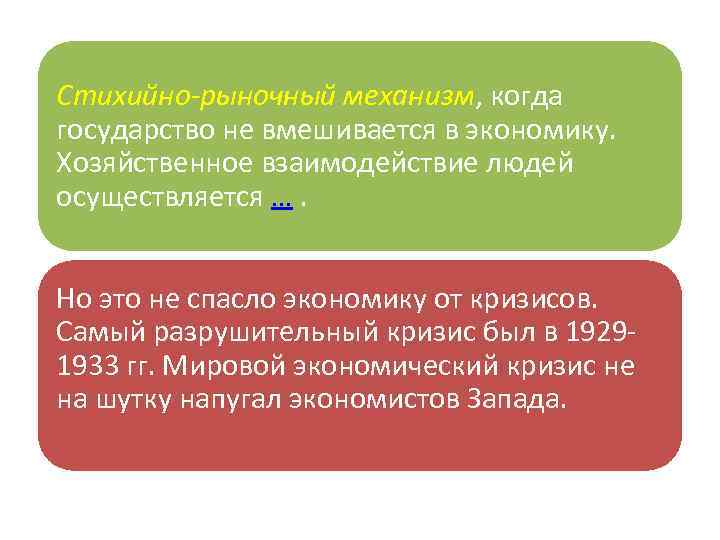 Стихийно-рыночный механизм, когда государство не вмешивается в экономику. Хозяйственное взаимодействие людей осуществляется …. Но