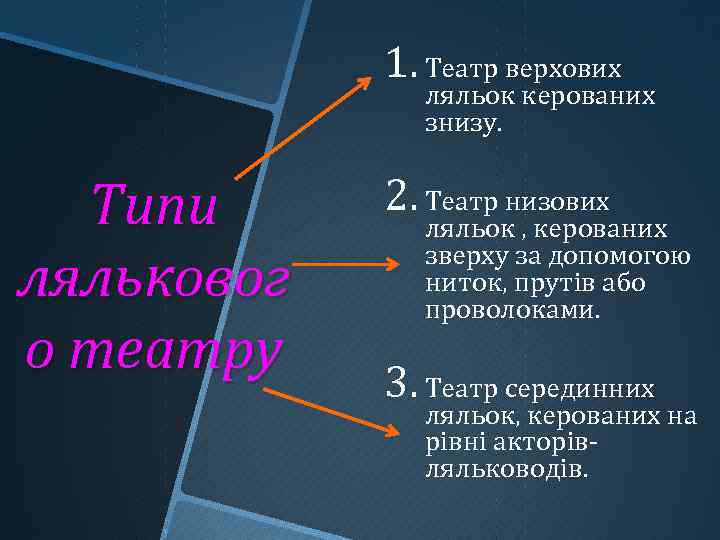 1. Театр верхових ляльок керованих знизу. Типи ляльковог о театру 2. Театр низових ляльок