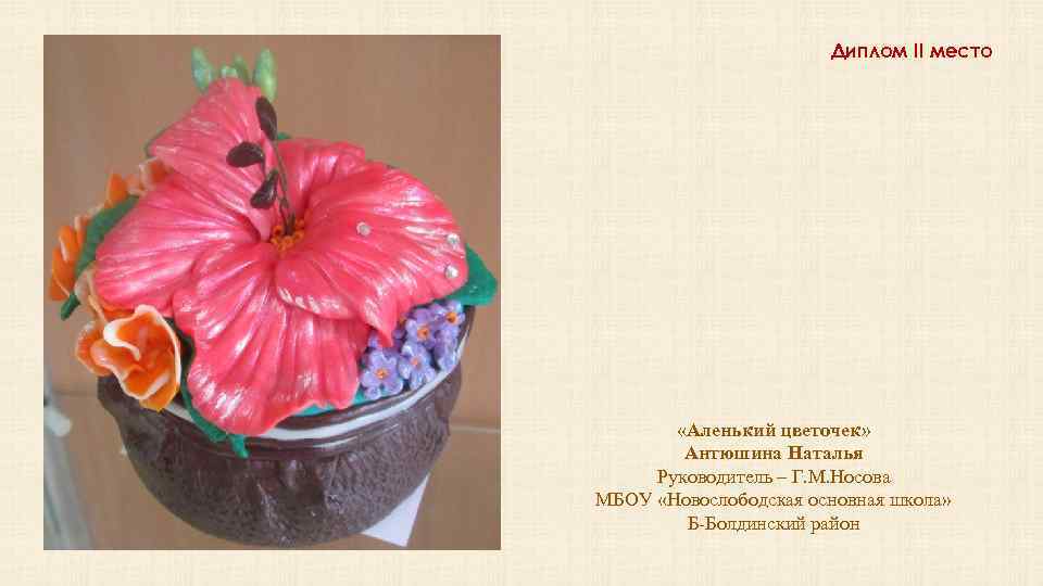 Диплом II место «Аленький цветочек» Антюшина Наталья Руководитель – Г. М. Носова МБОУ «Новослободская