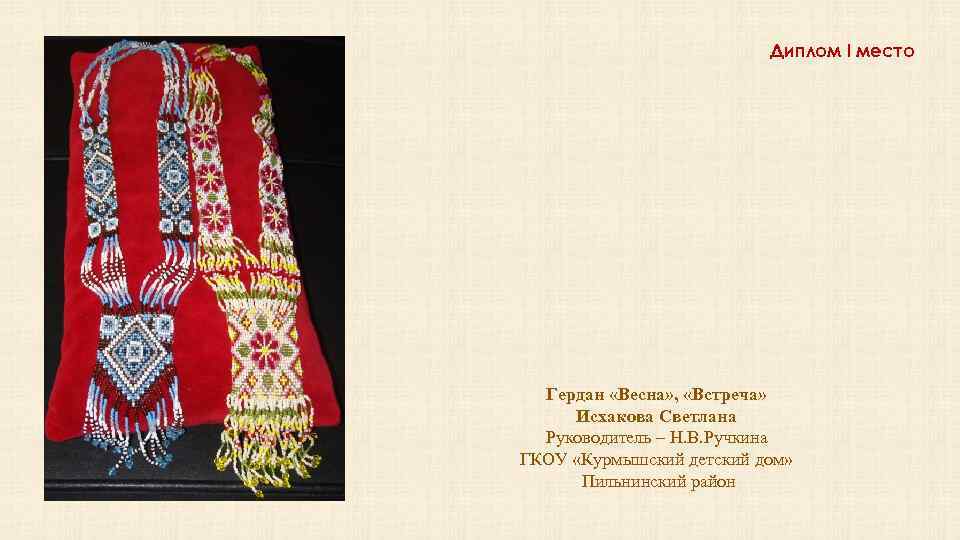 Диплом I место Гердан «Весна» , «Встреча» Исхакова Светлана Руководитель – Н. В. Ручкина