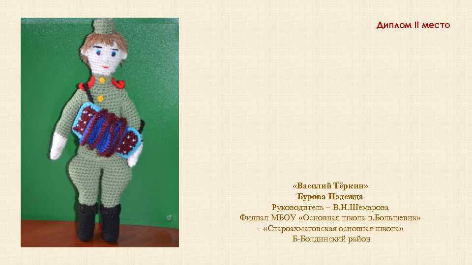 Диплом II место «Василий Тёркин» Бурова Надежда Руководитель – В. Н. Шемарова Филиал МБОУ