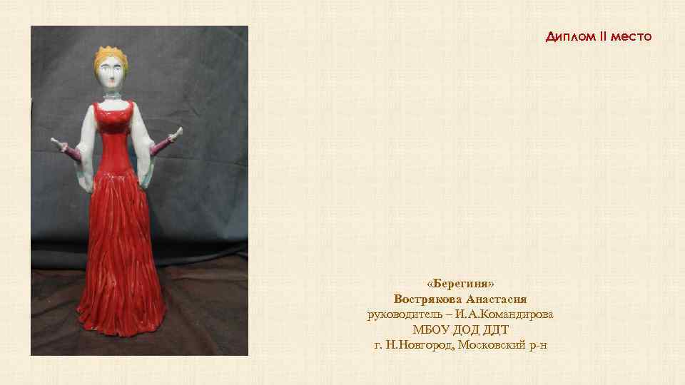 Диплом II место «Берегиня» Вострякова Анастасия руководитель – И. А. Командирова МБОУ ДОД ДДТ