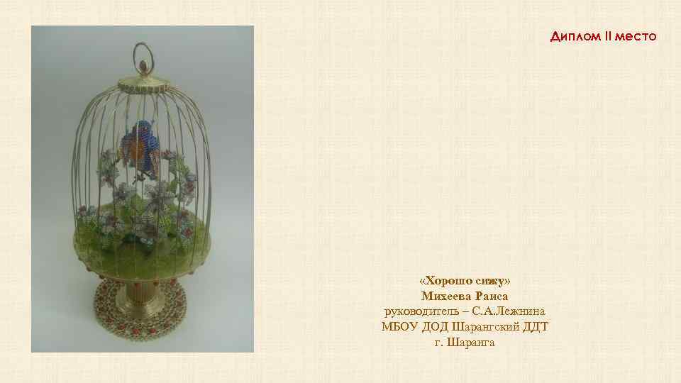 Диплом II место «Хорошо сижу» Михеева Раиса руководитель – С. А. Лежнина МБОУ ДОД