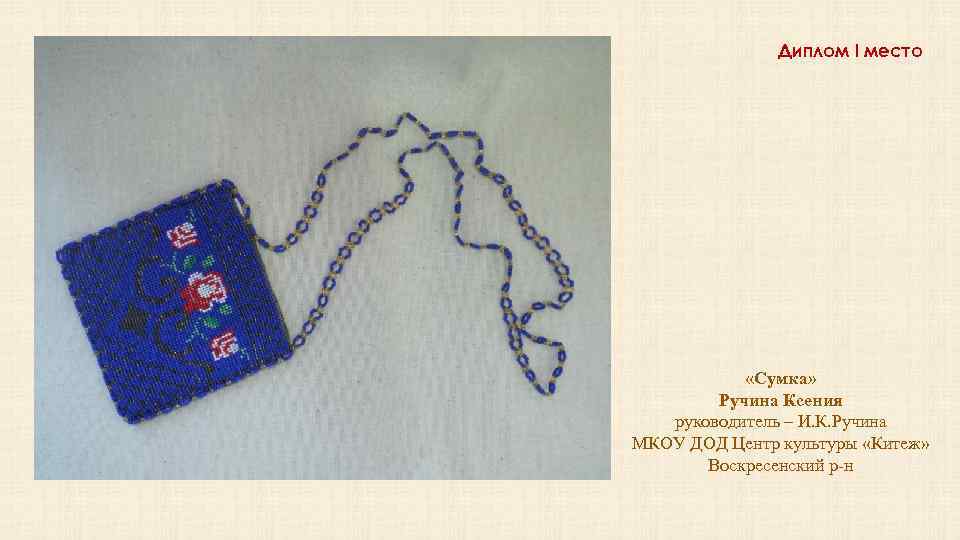 Диплом I место «Сумка» Ручина Ксения руководитель – И. К. Ручина МКОУ ДОД Центр
