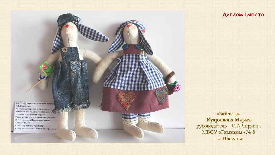 Диплом I место «Зайчата» Кудряшова Мария руководитель – С. А. Чиркина МБОУ «Гимназия» №