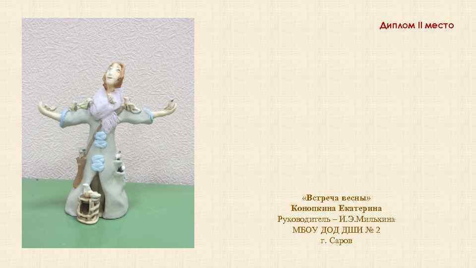 Диплом II место «Встреча весны» Конопкина Екатерина Руководитель – И. Э. Мильхина МБОУ ДОД