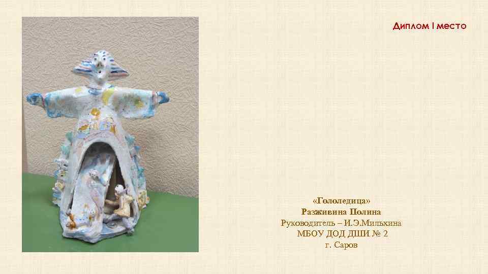 Диплом I место «Гололедица» Разживина Полина Руководитель – И. Э. Мильхина МБОУ ДОД ДШИ