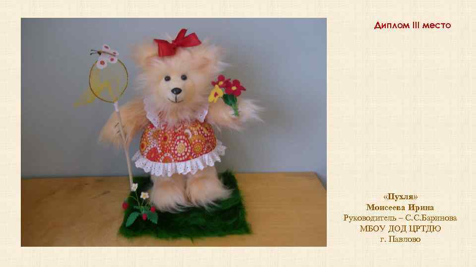 Диплом III место «Пухля» Моисеева Ирина Руководитель – С. С. Баринова МБОУ ДОД ЦРТДЮ