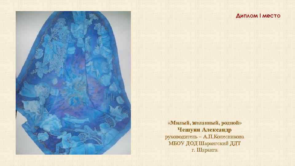 Диплом I место «Милый, желанный, родной» Чешуин Александр руководитель – А. П. Колесникова МБОУ