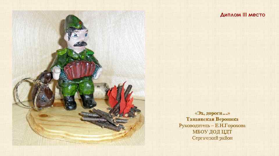 Диплом III место «Эх, дороги…» Танаявская Вероника Руководитель – Е. Н. Горохова МБОУ ДОД