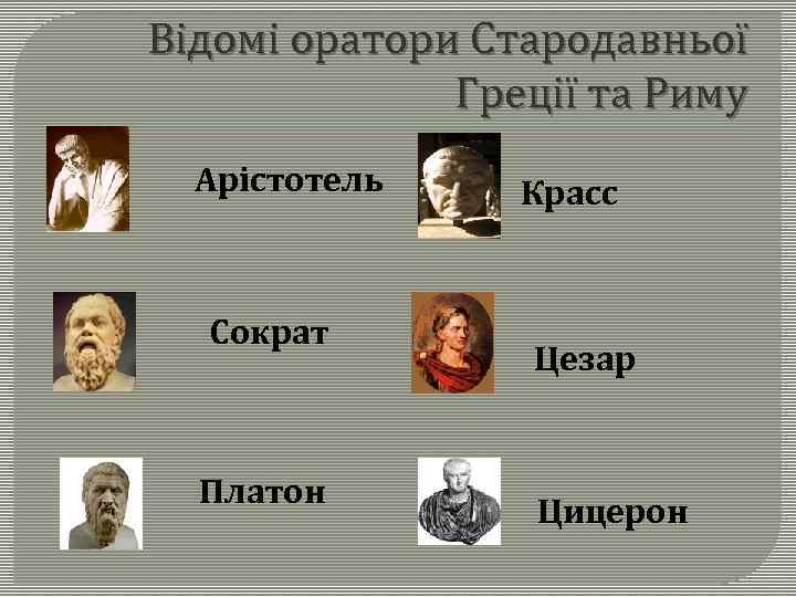 Відомі оратори Стародавньої Греції та Риму Арістотель Сократ Платон Красс Цезар Цицерон 