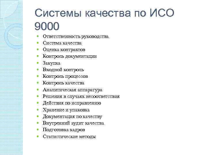 Системы качества по ИСО 9000 Ответственность руководства Система качества Оценка контрактов Контроль документации Закупка