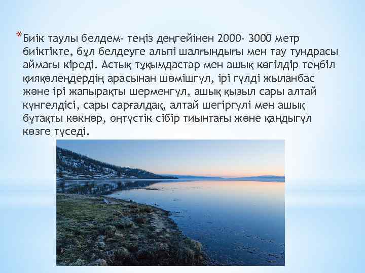 *Биік таулы белдем- теңіз деңгейінен 2000 - 3000 метр биіктікте, бұл белдеуге альпі шалғындығы