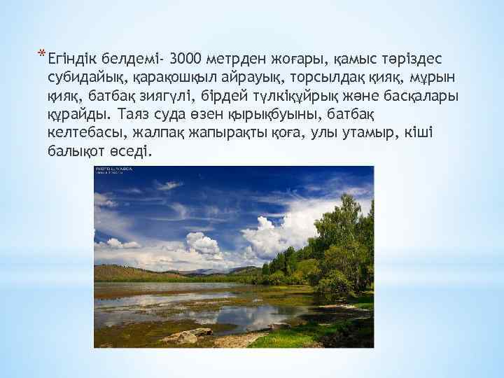 *Егіндік белдемі- 3000 метрден жоғары, қамыс тәріздес субидайық, қарақошқыл айрауық, торсылдақ қияқ, мұрын қияқ,