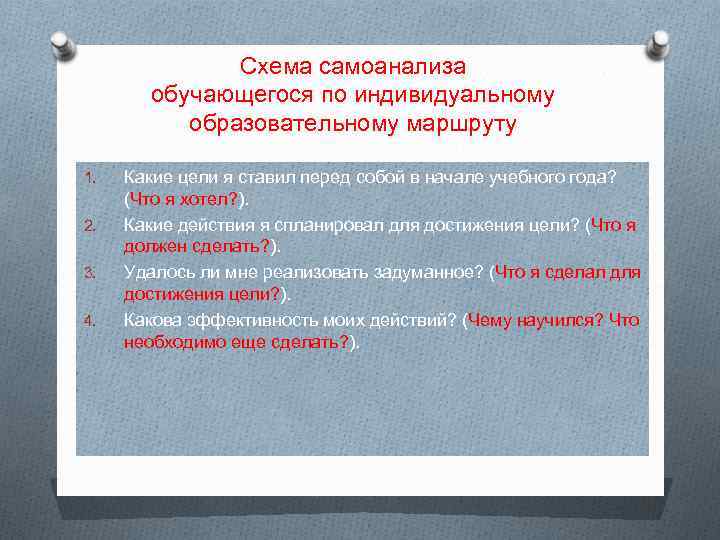 Схема самоанализа обучающегося по индивидуальному образовательному маршруту 1. 2. 3. 4. Какие цели я