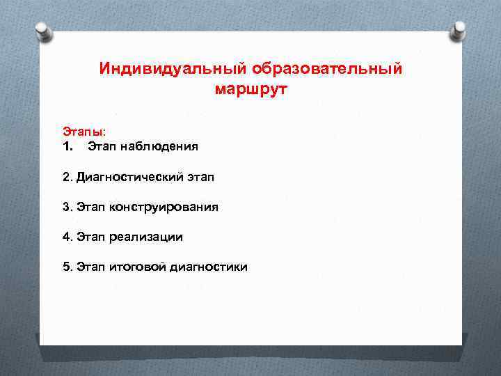 Индивидуальный образовательный маршрут Этапы: 1. Этап наблюдения 2. Диагностический этап 3. Этап конструирования 4.
