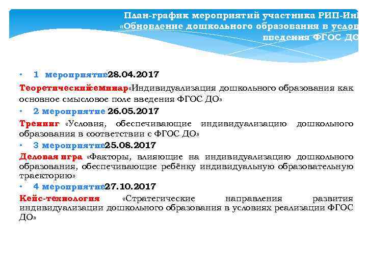 План-график мероприятий участника РИП-Ин. КО «Обновление дошкольного образования в условия введения ФГОС ДО» •