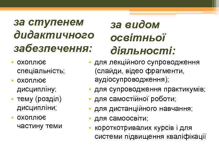 за ступенем дидактичного забезпечення: • охоплює спеціальність; • охоплює дисципліну; • тему (розділ) дисципліни;