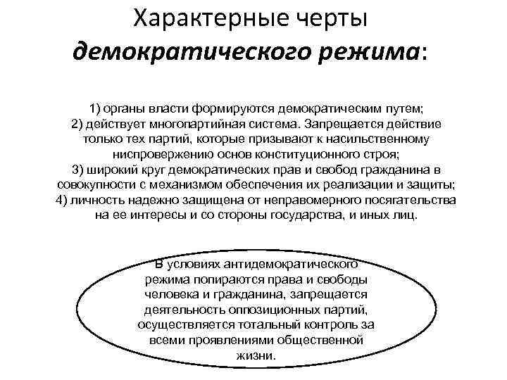 Характерные черты демократического режима: 1) органы власти формируются демократическим путем; 2) действует многопартийная система.