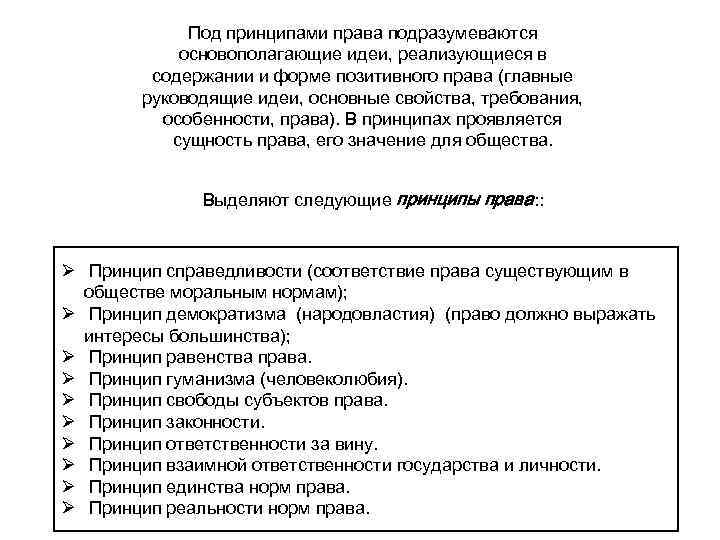 Под принципами права подразумеваются основополагающие идеи, реализующиеся в содержании и форме позитивного права (главные