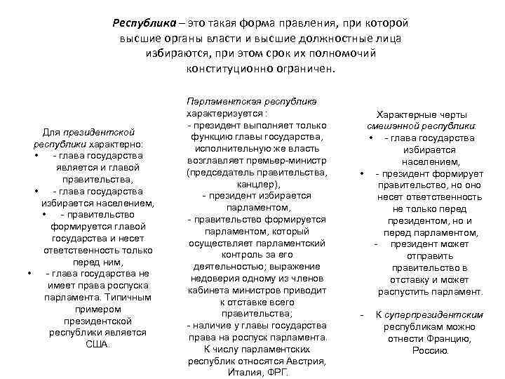 Республика – это такая форма правления, при которой высшие органы власти и высшие должностные